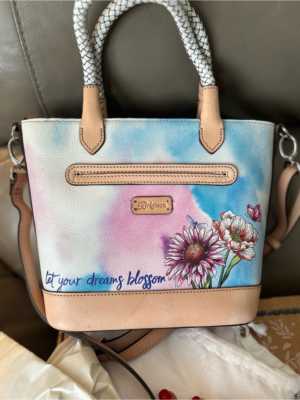 Brighton Pink & Blue Floral Butterfly Crossbody Satchel - Picture 2 of 6